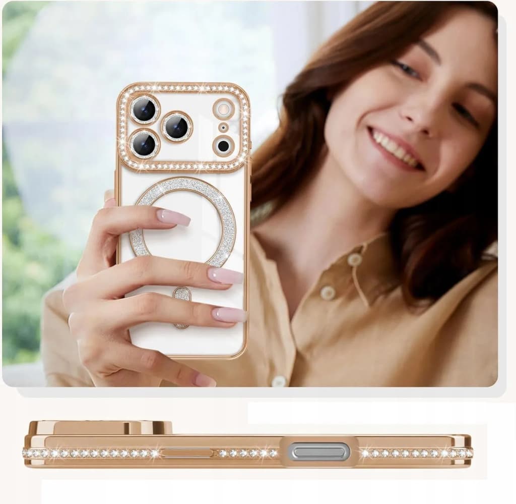 Husa Apple iPhone 17 Pro Max, Electroplating Bling Magsafe, protectie camera, margini aurii — varianta 3