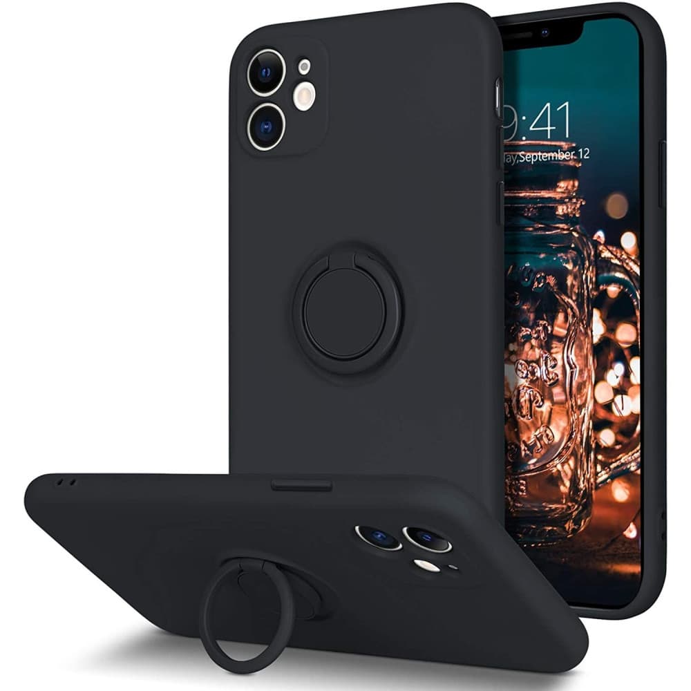 Husa Apple iPhone 11, Ring Silicone, suport sustinere rotativ, catifea in interior, neagra — principală