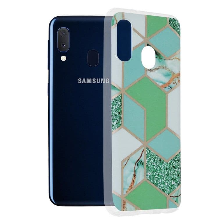 Husa protectie Samsung Galaxy A20e, Marble Series, verde/auriu — principală