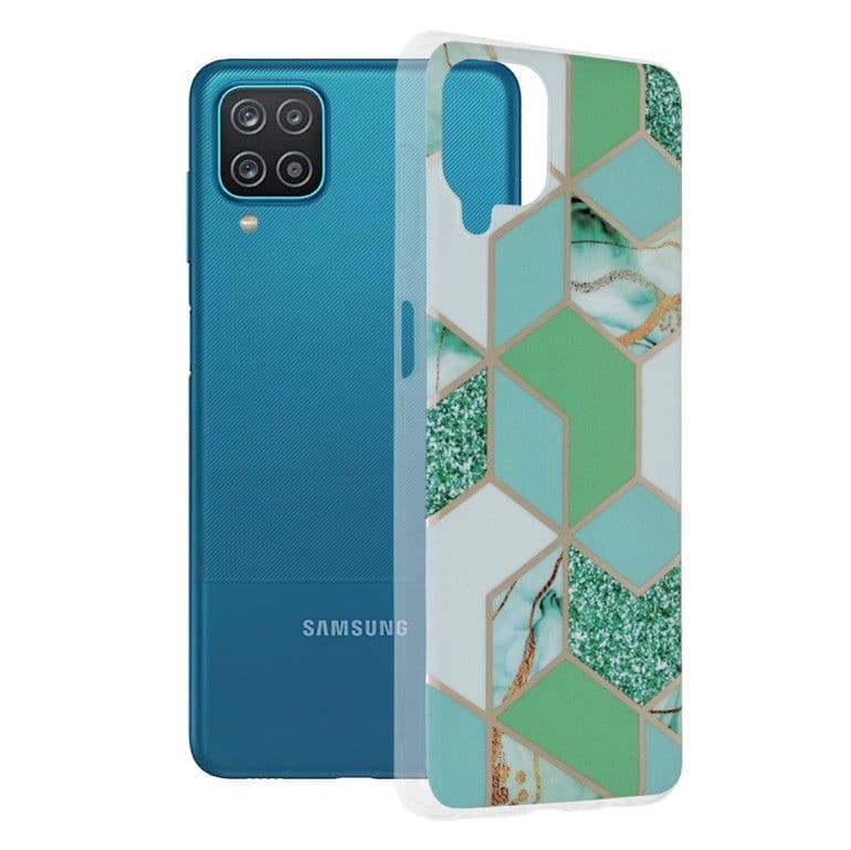 Husa protectie Samsung Galaxy A12, Marble Series, verde/auriu — principală