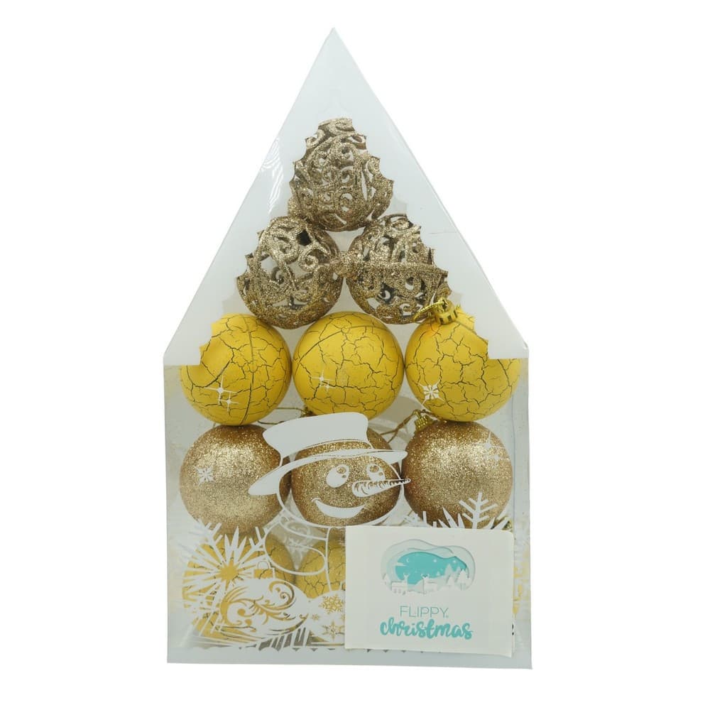 Set de 12 ornamente de brad, de tip glob, auriu/galben, din plastic, cu finisaj sclipitor — principală