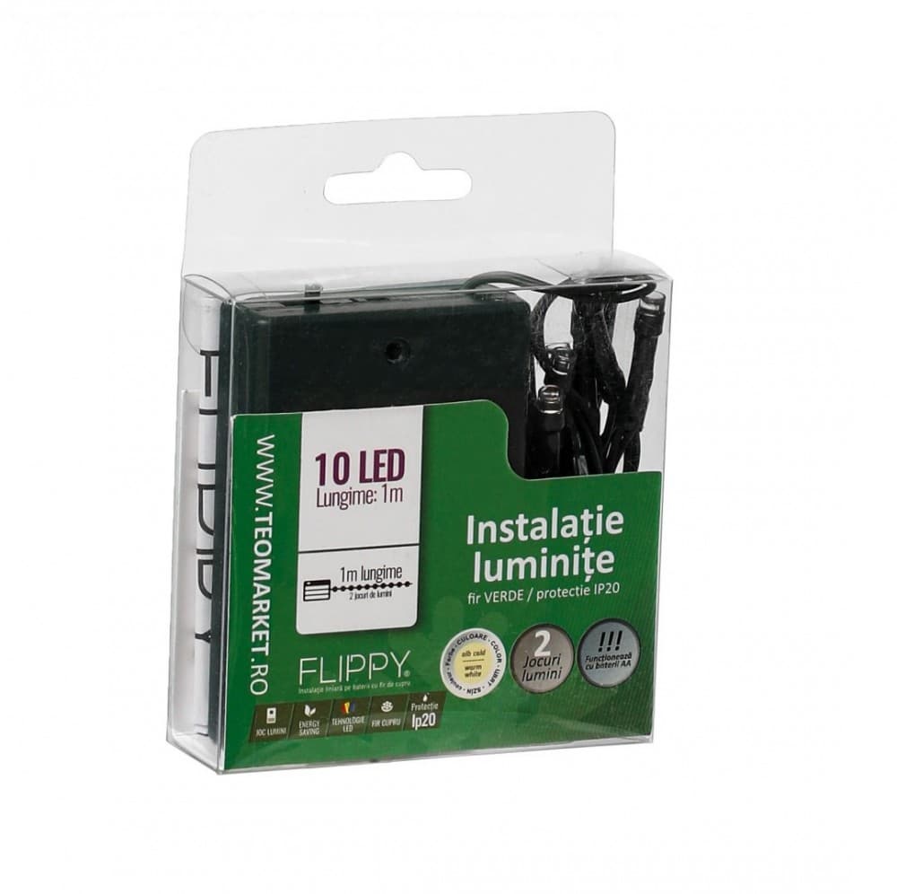 Instalatie de Craciun cu baterii tip liniar, 2 jocuri de lumini, fir verde 1 m 10 LED -uri, alb cald — varianta 4