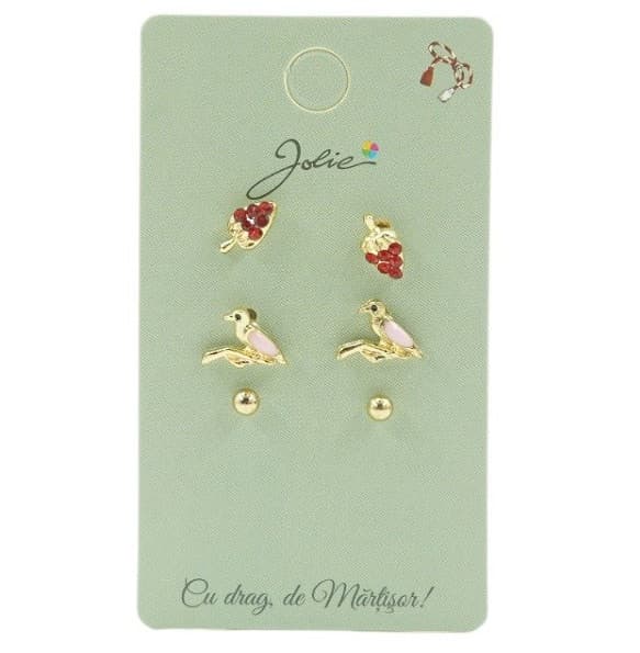 Set 3 perechi cercei, colectia Jolie - Capsuna, Pasare, Bilute — varianta 2