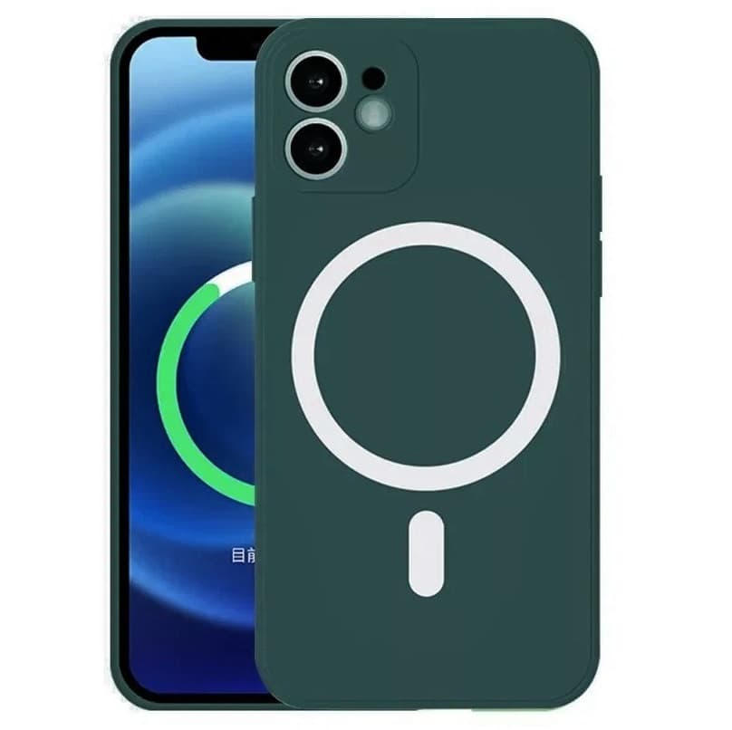 Husa Apple iPhone 13, Magsafe Silicone, protectie camera, microfibra, verde inchis — principală