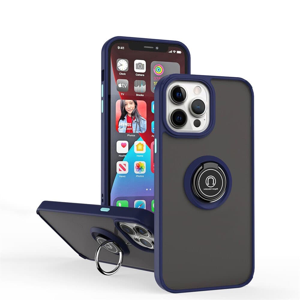 Husa protectie Apple iPhone 13 Pro, Metal Bracket, antisoc, inel sustinere, prindere magnetica, margini albastre — varianta 2