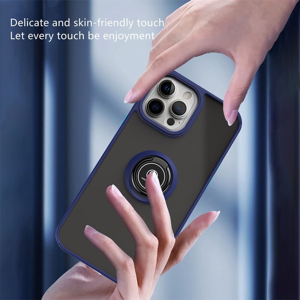 Husa protectie Apple iPhone 14, Metal Bracket, antisoc, inel sustinere, prindere magnetica, margini albastre — varianta 3