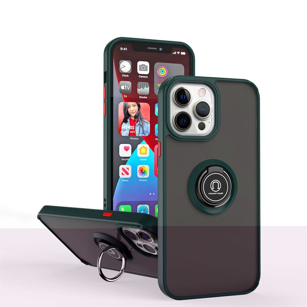 Husa protectie Apple iPhone 13 , Metal Bracket, antisoc, inel sustinere, prindere magnetica, margini verzi — varianta 2