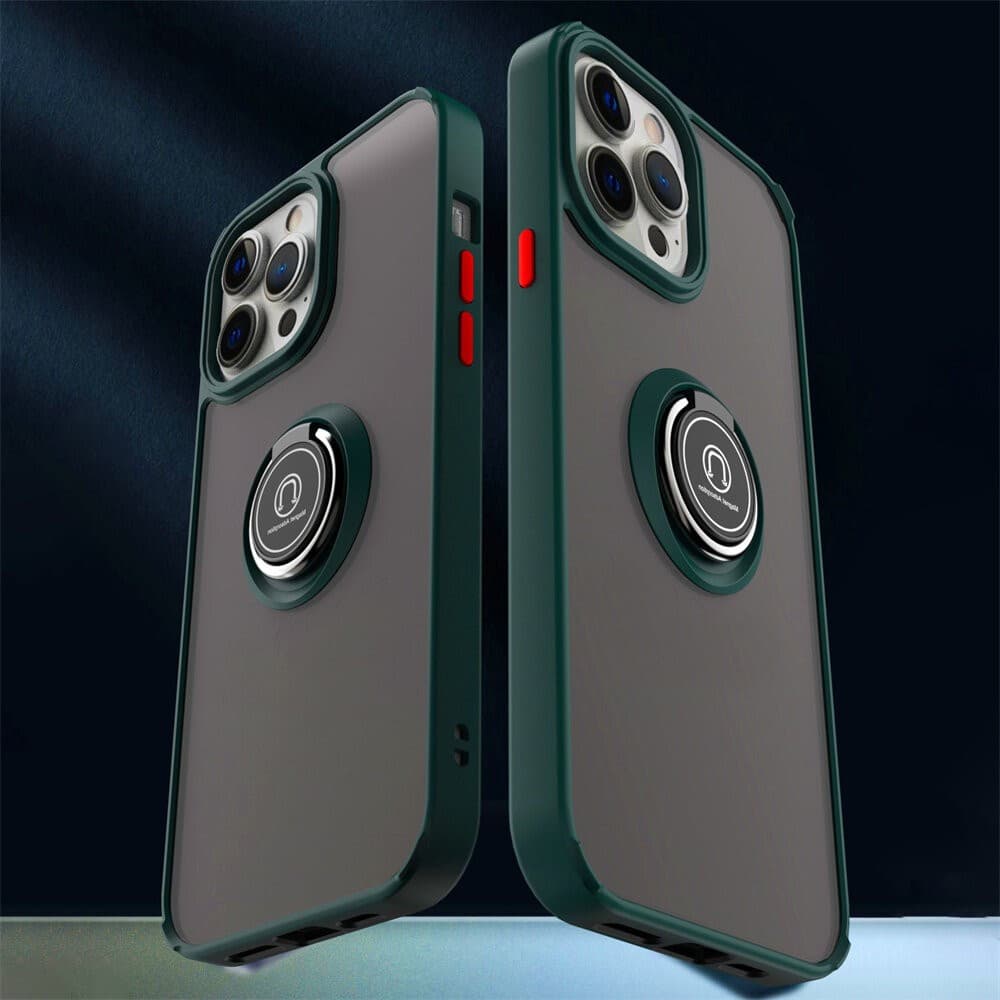 Husa protectie Apple iPhone 14 Pro, Metal Bracket, antisoc, inel sustinere, prindere magnetica, margini verzi — varianta 3
