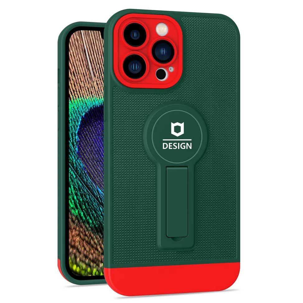 Husa Apple iPhone 14 Plus, Armor Design, functie stand, insertie metalica pentru suport auto magnetic, verde/rosu — principală