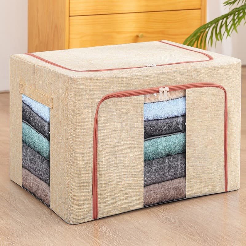 Cutie de depozitare pliabila cu fermoar, 100 litri, 60 X 42 X 40 cm, doua fereastre, cadru metalic, crem — varianta 2