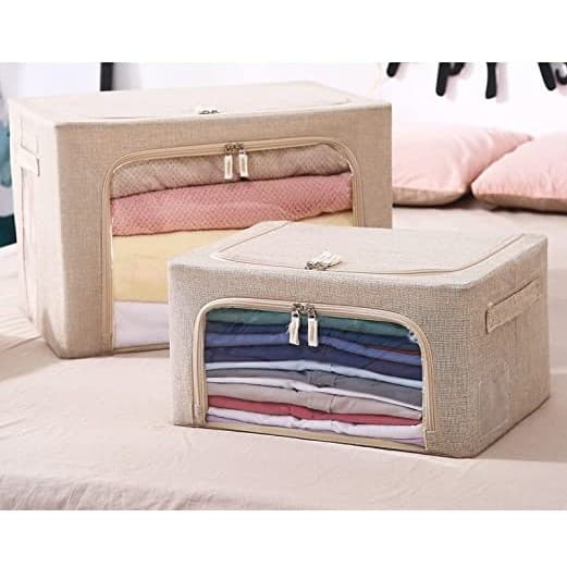 Cutie de depozitare pliabila cu fermoar, 100 litri, 60 X 42 X 40 cm, doua fereastre, cadru metalic, crem — varianta 6