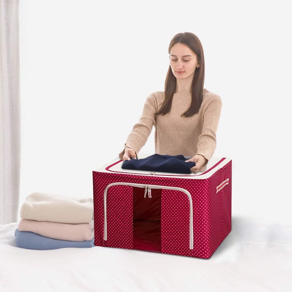 Cutie de depozitare pliabila cu fermoar, 24 litri, 40 X 30 X 20 cm, imprimeu buline, rosie — varianta 2