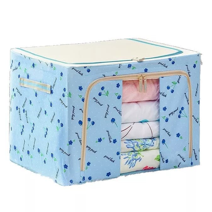 Cutie de depozitare pliabila, fermoar, 66 litri, textil, 50 x 40 x 33 cm, cadru metalic, suport baza stabil din plastic, imprimeu cirese, albastra — principală
