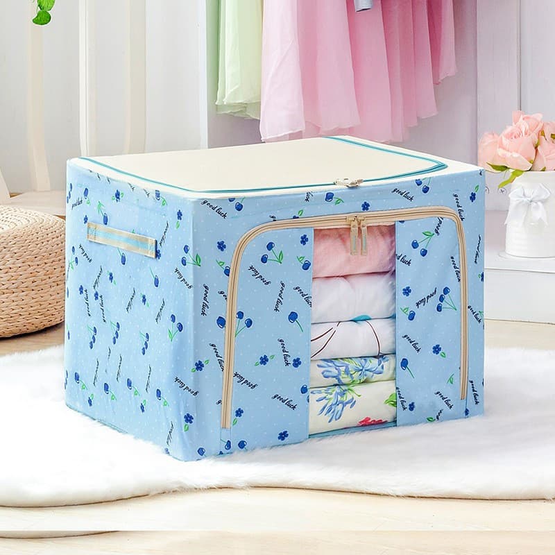 Cutie de depozitare pliabila, fermoar, 66 litri, textil, 50 x 40 x 33 cm, cadru metalic, suport baza stabil din plastic, imprimeu cirese, albastra — varianta 2