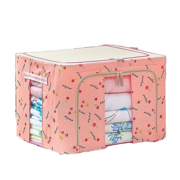 Cutie de depozitare pliabila, fermoar, 66 litri, textil, 50 x 40 x 33 cm, cadru metalic, suport baza stabil din plastic, imprimeu cirese, roz — principală