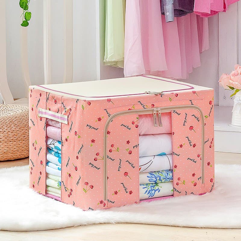 Cutie de depozitare pliabila, fermoar, 66 litri, textil, 50 x 40 x 33 cm, cadru metalic, suport baza stabil din plastic, imprimeu cirese, roz — varianta 2