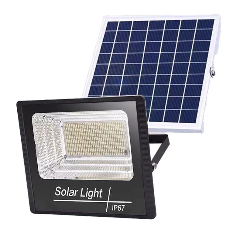 Proiector LED/Lampa solara de exterior, 15 cm x 20 cm, Rezistent la Apa IP67, cu Panou Solar, 114 LED SMD, 65W, Senzor de lumina, Timer, cu Telecomanda, 2 moduri de iluminat, kit montaj inclus, — principală