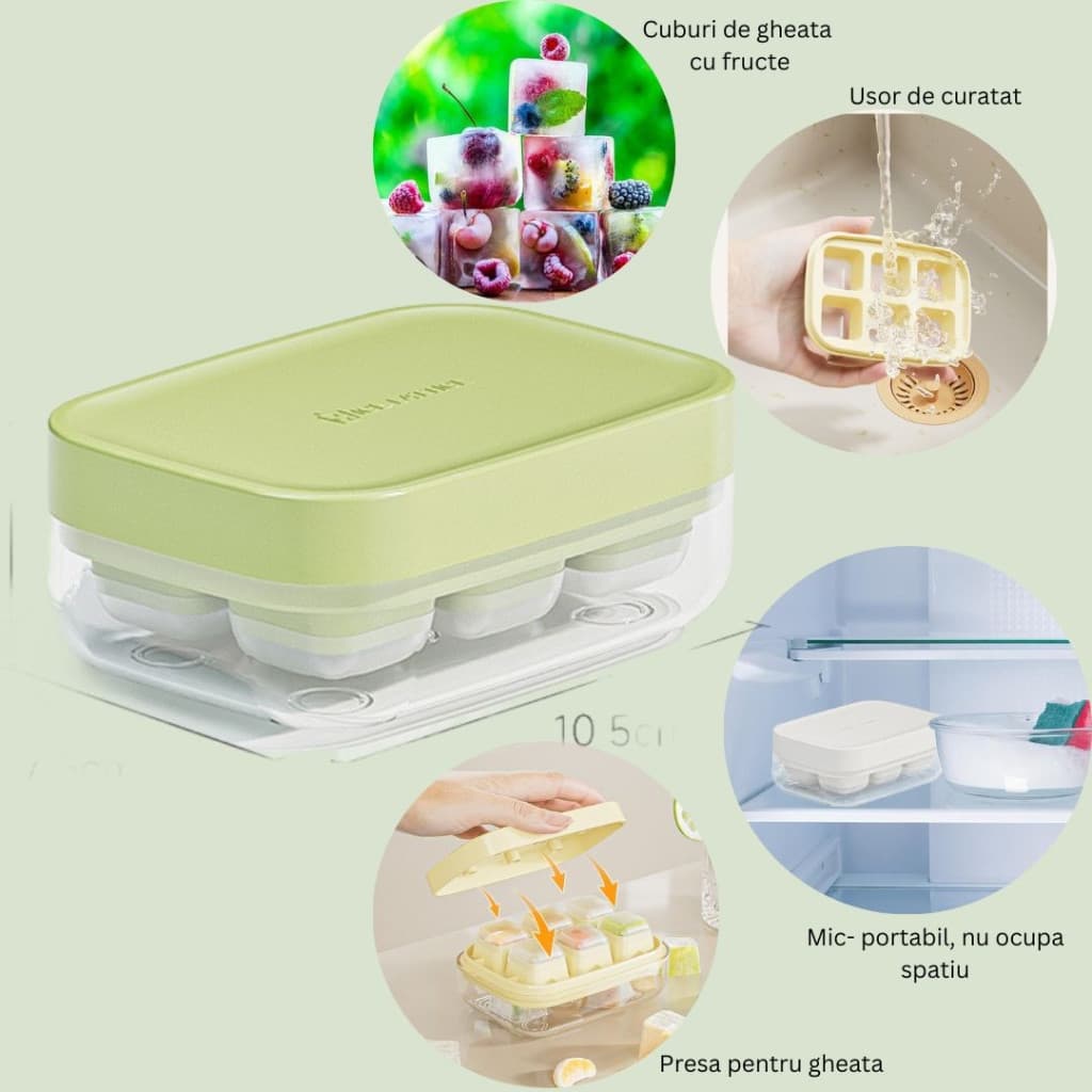 Forma pentru gheata din silicon alimentar, 6 cuburi, caserola pentru depozitare, usor de folosit si curatat, 10.5 x 7.5 x 4.1 cm, verde — varianta 3