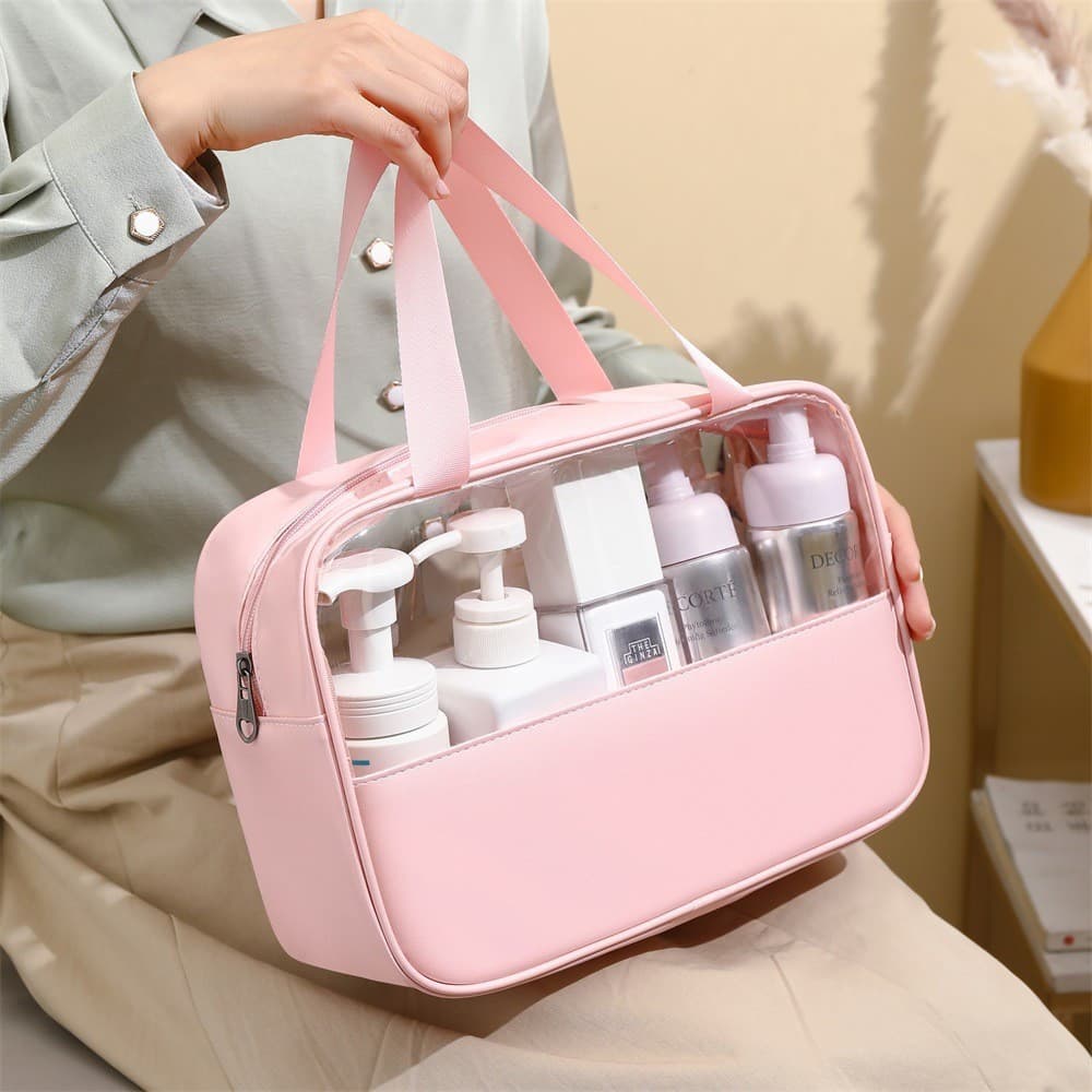 Geanta pentru cosmetice, Geanta pentru Voiaj sau Organizarea produselor Cosmetice, Geanta pentru Machiaj, din PVC si PU, 26 x 15 x 10 cm, Roz — principală