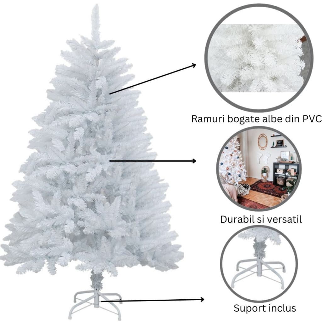 Brad artificial de Craciun, 120 cm, 240 ramuri/varfuri, plastic, interior/exterior, alb, suport inclus — 3