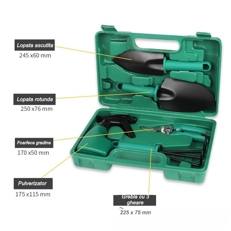 Set 5 accesorii pentru gradinarit, geanta depozitare inclusa, otel inoxidabil, 18.5 x 29.5 cm, verde — varianta 2