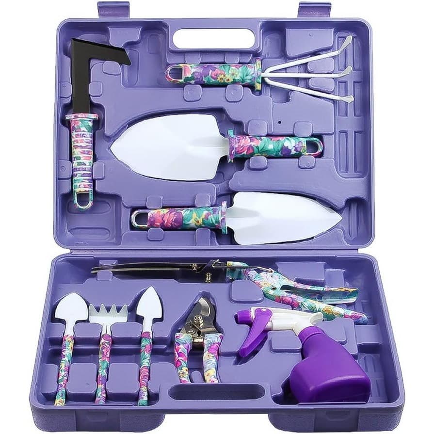 Set 10 accesorii pentru gradinarit , geanta depozitare inclusa, otel inoxidabil, 37 x 28 cm, mov — principală