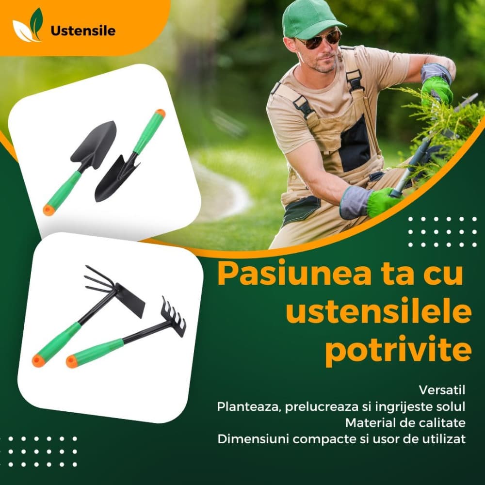 Set 4 unelte de gradina, pentru plantare si ingrijire plante, PVC si cardboard, 31.5 x 8 cm, verzi — varianta 2