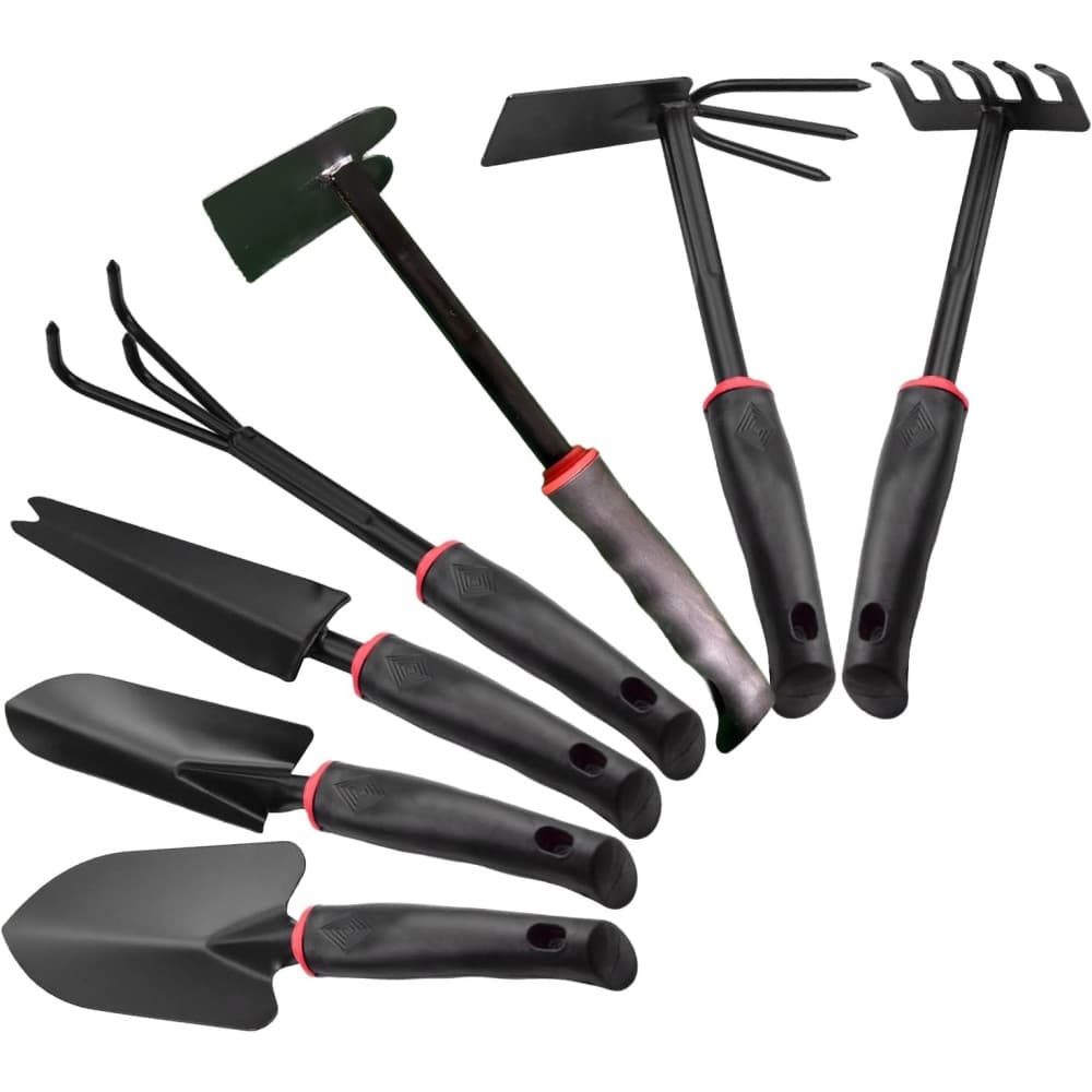 Set 7 unelte de gradina, pentru plantare si ingrijire plante, PVC si cardboard, 31.5 x 8 cm, negre — principală