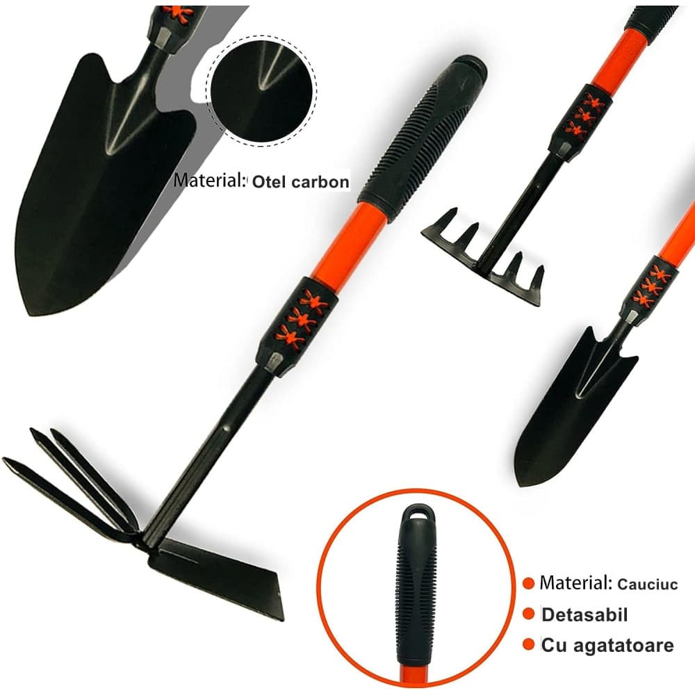Set 4 unelte de gradina, maner extensibil, pentru plantare si ingrijire plante, otel carbon, negre — varianta 2