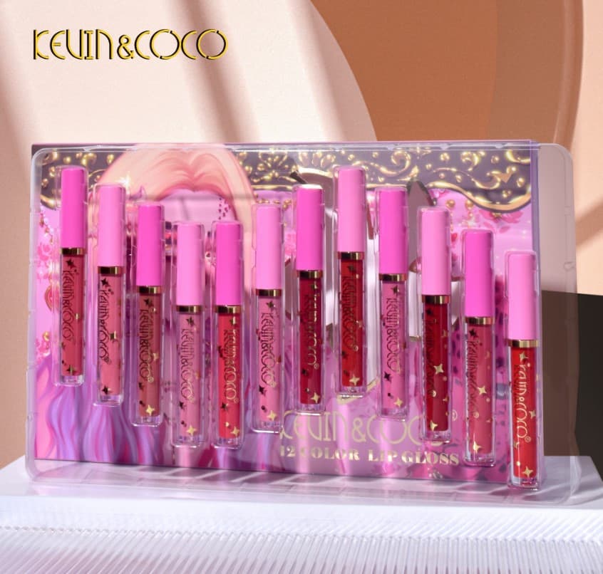 Set 12 Lip Gloss Kevin&Coco, nuante de rosu, rose, nude, roz, cutie dreptunghiulara, 26.5x16.5x2.2 cm, 200 g, multicolor — principală