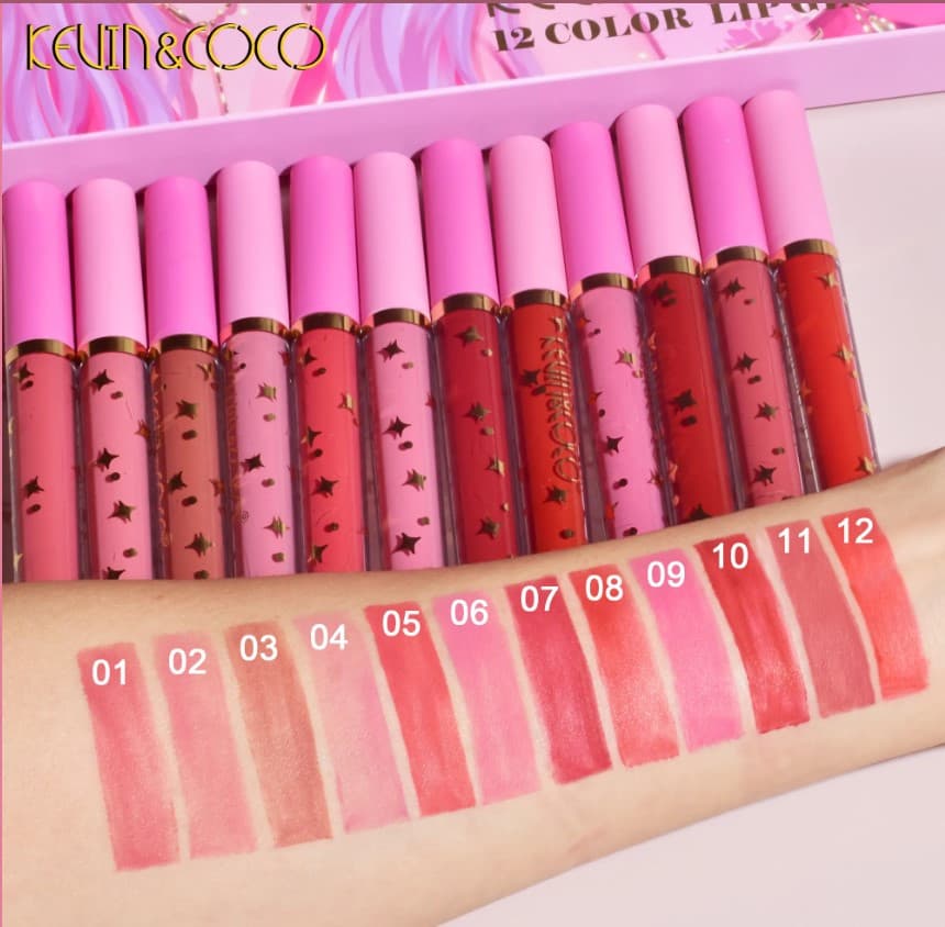 Set 12 Lip Gloss Kevin&Coco, nuante de rosu, rose, nude, roz, cutie dreptunghiulara, 26.5x16.5x2.2 cm, 200 g, multicolor — varianta 2