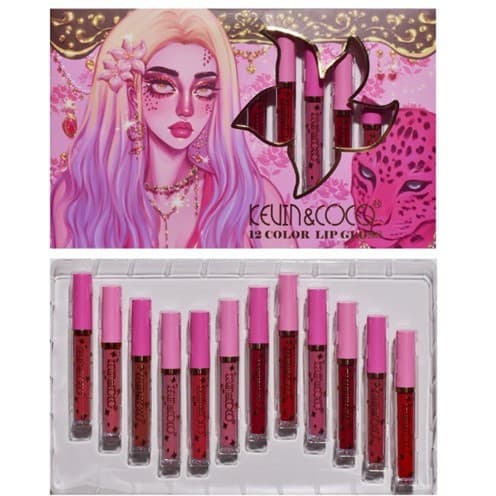 Set 12 Lip Gloss Kevin&Coco, nuante de rosu, rose, nude, roz, cutie dreptunghiulara, 26.5x16.5x2.2 cm, 200 g, multicolor — varianta 3