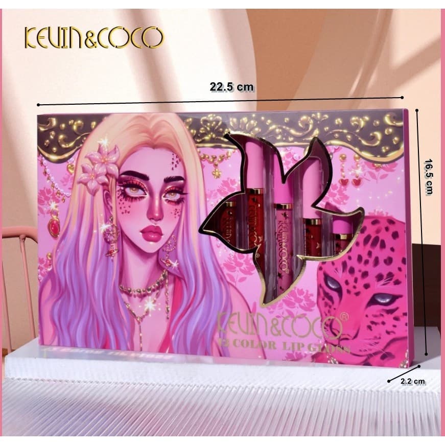 Set 12 Lip Gloss Kevin&Coco, nuante de rosu, rose, nude, roz, cutie dreptunghiulara, 26.5x16.5x2.2 cm, 200 g, multicolor — varianta 4