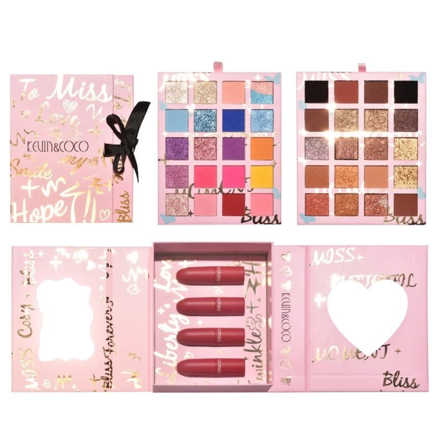 Set cosmetice Kevin & Coco, 4 Lip gloss, paleta farduri 40 culori nuante nude / rose, cutie cadou, Fara Sulfati, Pudra Compacta, Clasic, 17 x 14 x 5 cm, multicolor — principală