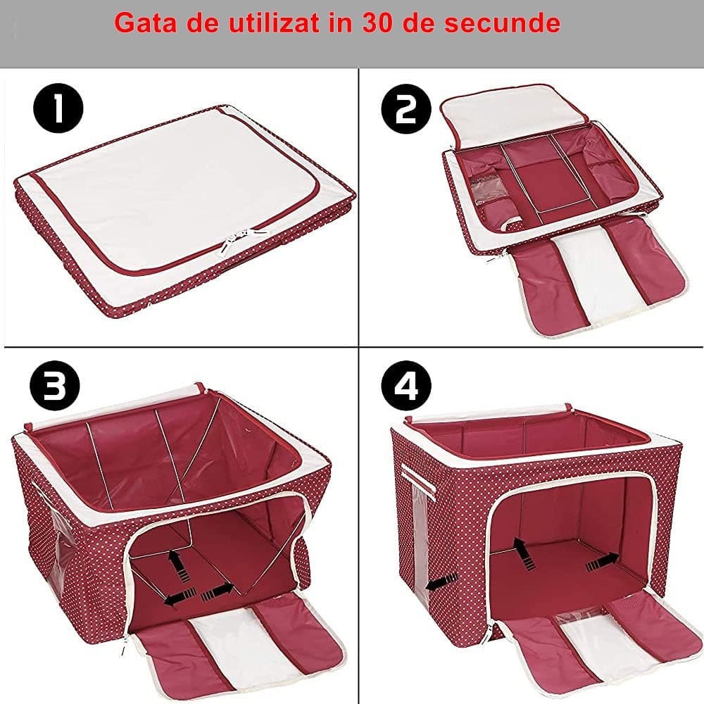 Cutie de depozitare pliabila cu fermoar, 100 litri, 60 X 42 X 40 cm, o fereastra, cadru metalic, rosie cu puncte albe — varianta 3