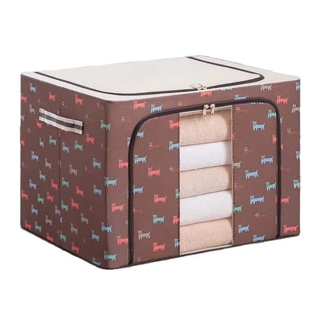 Cutie de depozitare pliabila cu fermoar, 100 litri, 60 X 42 X 40 cm, o fereastra, cadru metalic, imprimeu catelus, maro — principală