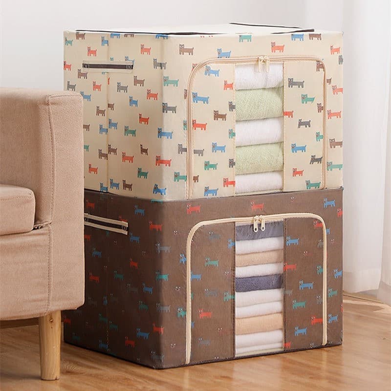 Cutie de depozitare pliabila cu fermoar, 100 litri, 60 X 42 X 40 cm, o fereastra, cadru metalic, imprimeu catelus, maro — varianta 4