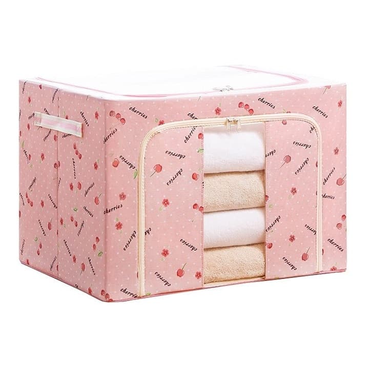 Cutie de depozitare pliabila cu fermoar, 100 litri, material textil, 60 X 42 X 40 cm, imprimeu cirese rosii — principală