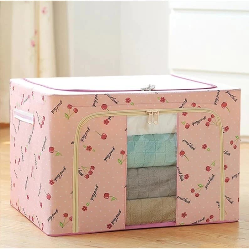 Cutie de depozitare pliabila cu fermoar, 100 litri, material textil, 60 X 42 X 40 cm, imprimeu cirese rosii — varianta 2