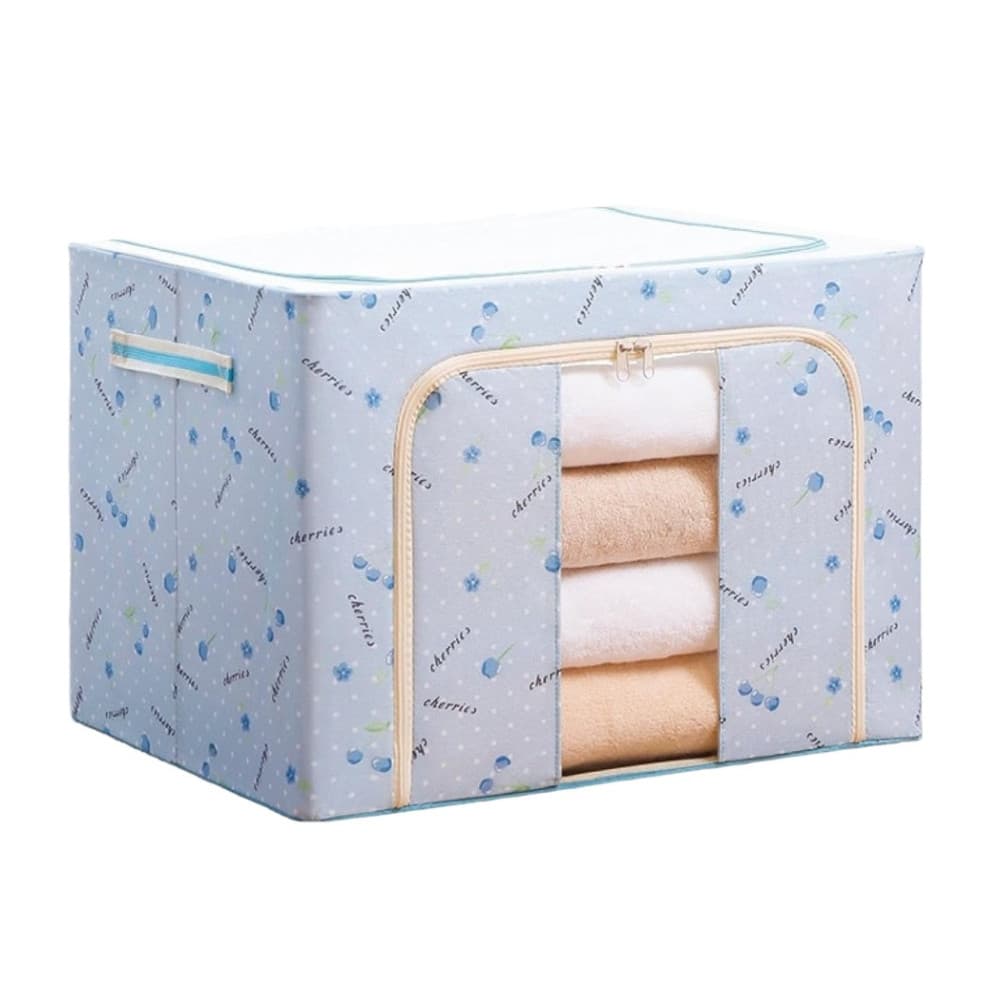 Cutie de depozitare pliabila cu fermoar, 100 litri, material textil, 60 X 42 X 40 cm, imprimeu cirese albastre — principală
