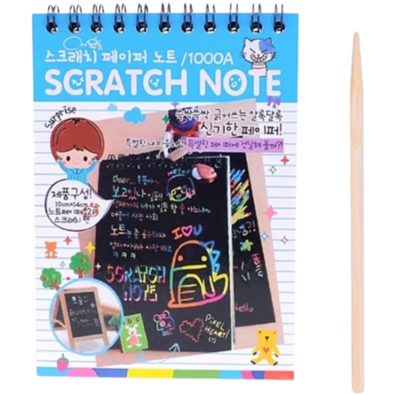 Caiet cu 10 fise razuibile DIY Magic Scratch, 14.5 x 10 cm, curcubeu, creion lemn, cartonase negre, albastru — principală
