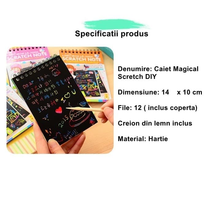 Caiet cu 10 fise razuibile DIY Magic Scratch, Curcubeu, Creion din Lemn, Cartonase negre, 14 x 10 cm, rosu — varianta 2