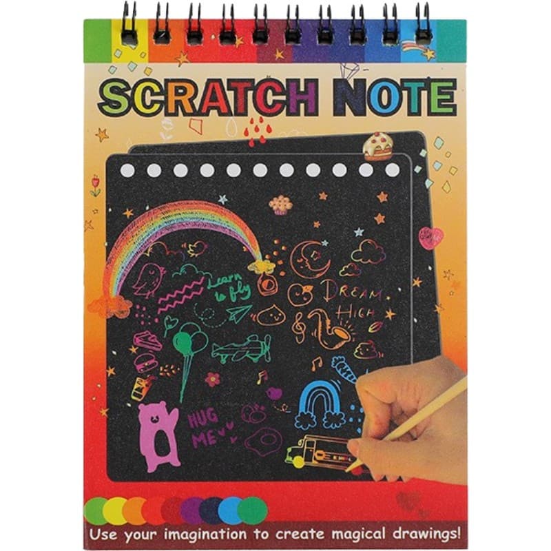 Caiet cu 10 fise razuibile DIY Magic Scratch, Curcubeu, Creion din Lemn, Cartonase negre, 14 x 10 cm, galben — principală