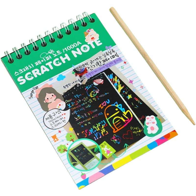 Caiet cu 10 fise razuibile DIY Magic Scratch, 14 x 10 cm, curcubeu, creion lemn, cartonase negre, verde deschis — principală