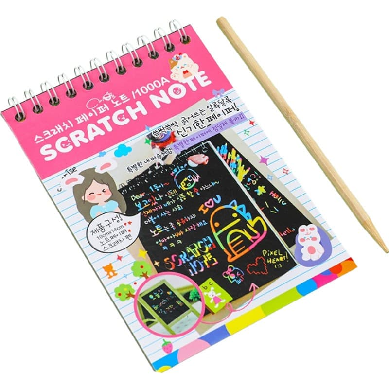 Caiet cu 10 fise razuibile DIY Magic Scratch, 14 x 10 cm, curcubeu, creion lemn, cartonase negre, roz deschis — principală