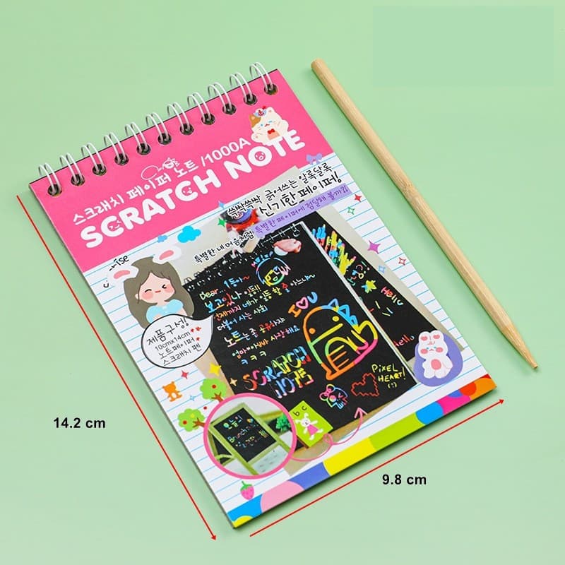 Caiet cu 10 fise razuibile DIY Magic Scratch, 14 x 10 cm, curcubeu, creion lemn, cartonase negre, roz deschis — varianta 2