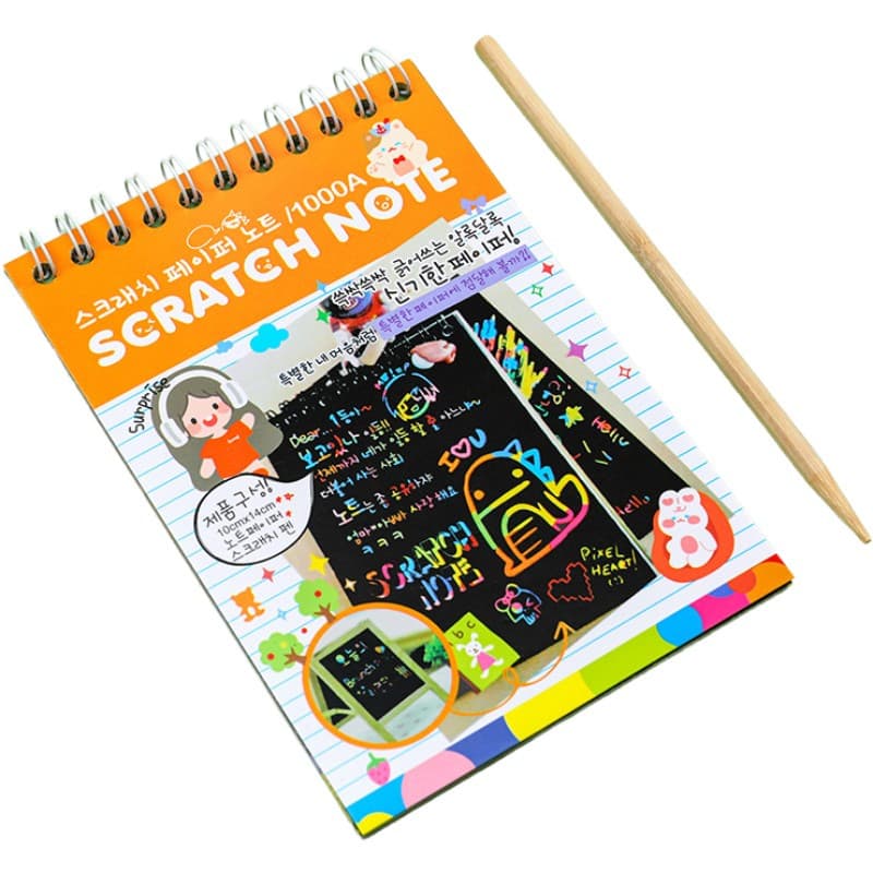 Caiet cu 10 fise razuibile DIY Magic Scratch, 14 x 10 cm, curcubeu, creion lemn, cartonase negre, portocaliu — principală
