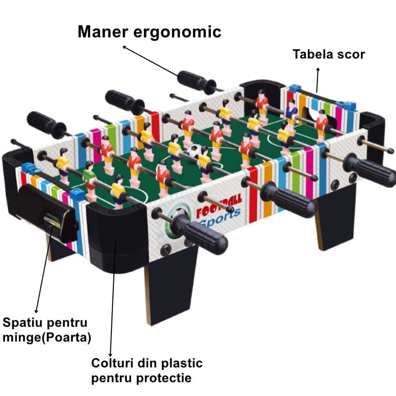 Masa de fotbal cu teren si 18 jucatori , 6 manere, tabela scor, metal, lemn si ABS, 51 x 44 x 17.5 cm, cu picioare, multicolora — varianta 2