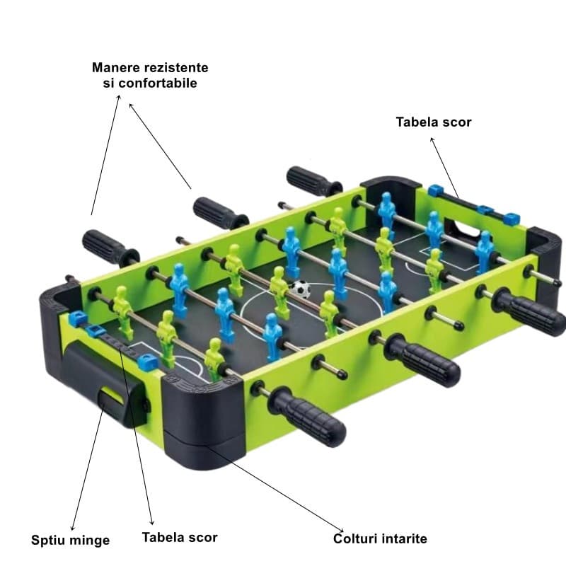 Masa de fotbal cu teren si 18 jucatori , 6 manere, tabela scor, metal, lemn si ABS, 51 x 44 x 17.5 cm, verde/albastru — varianta 2