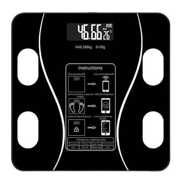 Cantarul corporal electronic RT-002, multiple functii, conectare aplicatie prin bluetooth, baterii, negru — principală